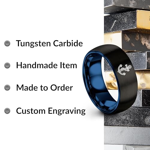 Gift for Nautical Fan - Anchor With Rope Ring - Men Women - Tungsten - Flat Dome Bevel - Band - Yellow Gold Black Silver Blue - Anniversary Wedding - 8mm - Brushed Polished - Personalized Custom Engra - color: 01 - Black Blue Tungsten