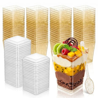 120 Pack (360 Pieces) Golden Glitter Plastic Dessert Cups with Lids and Spoons 5Oz Square Yogurt Parfait Appetier Cups for Party Dessert Shooter Cups for Ice Cream, Fruit,Jello, Pudding - size: 120 Cups+120 Lids+120 Spoons