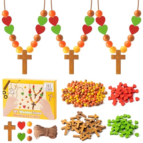 BeYumi Fall Cross Necklace Craft - 24Pcs Thanksgiving Wooden Cross Beads Necklace Craft Kit for Kids DIY Thankful Gift Autumn Religious Christian Wood Art Decor Sunday School Classroom Party Favors - style: Fall