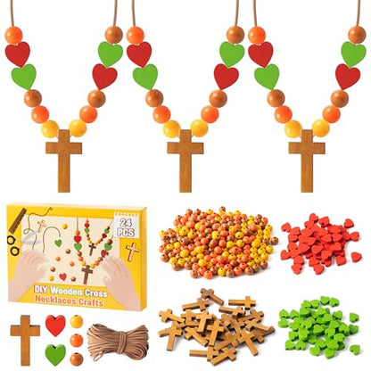 BeYumi Fall Cross Necklace Craft - 24Pcs Thanksgiving Wooden Cross Beads Necklace Craft Kit for Kids DIY Thankful Gift Autumn Religious Christian Wood Art Decor Sunday School Classroom Party Favors - style: Fall