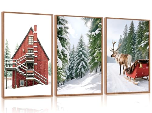 CHDITB 3Pcs Snowy Christmas Landscape Framed Canvas Wall Art 16x24 Inch - color: Cottage Forest Reindeer Sleigh, size: 16"L x 24"W