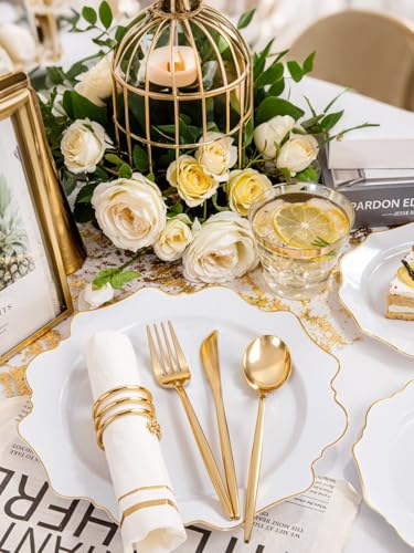 WDF 175Pcs Gold Plates Disposable - White and Gold Plastic Plates 25guest Plastic Dinnerware Ideal for Party/Wedding/Thanksgiving/Fall/Rosh Hashanah - color: White and Gold, size: 175 pieces