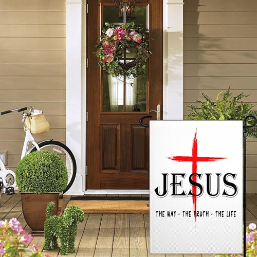 Jesus The Way Truth Life Flag for Outside 12x18 Inch 3 Ply Jesus Garden Flags Christian American Garden Flag for Outdoor Indoor House Yard Patriotic Sign Decor