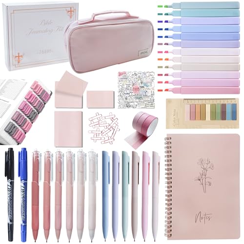 J6&H6 170Pcs Complete Bible Study Supplies Journaling Kit with Tabs, Highlighters and Color Pens, Notebook,Stickers & More Bible Accessories Set for Women, Beginner Christian Gifts(Pink) - color: Pink