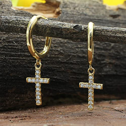 Religious Cross Dangle Drop Earrings Women Sterling Silver 0.20 CT (1/5 Ct) - color: Yellow Gold Over Silver