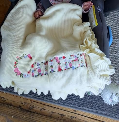 Personalized Floral Embroidered Name Blanket – Soft Cotton Knit Newborn Blanket, Custom Keepsake Gift, Cozy Cover for Girls, Unique Shower Present - color: A01