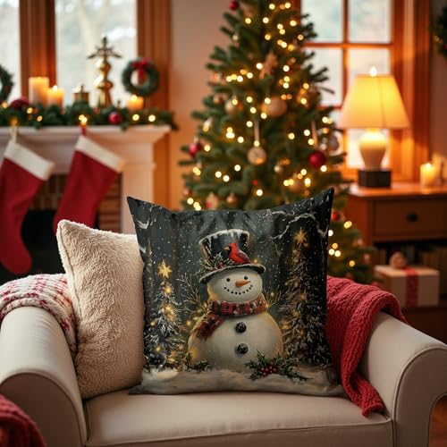 Christmas Snowman Cardinal Pillow Covers 18x18, Christmas Snowman Decor, Xmas Cardinal Bird Winter Holiday Throw Pillow Covers for Home Living Room Bedroom Sofa Couch - color: 20 Color