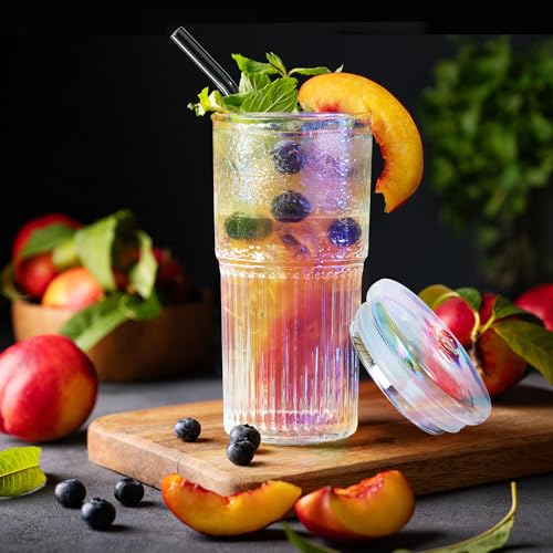 Joeyan 22oz Iridescent Glass Tumbler with Straw and Lid,Ribbed Glasses Cups - color: Iridescent glass tumbler