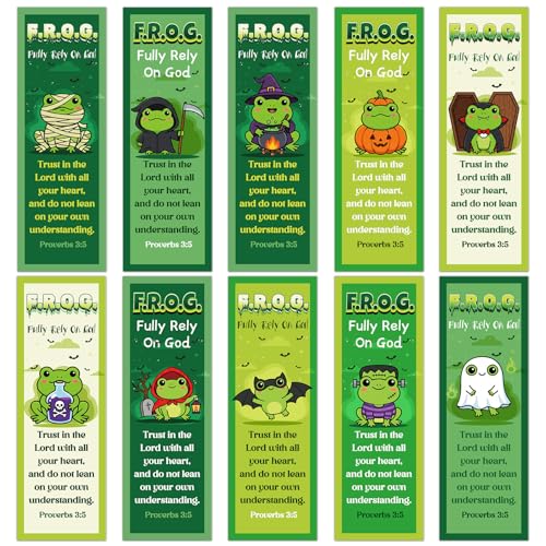 Fully Rely on God Frog Bookmarks - Cosmisun 200 Pcs Halloween Bookmark Paper Christian Bible Verse Book Marks Page Marker Church Gifts for Women Men Sunday School Book Lovers VBS Party Rewards - color: Halloween Frog