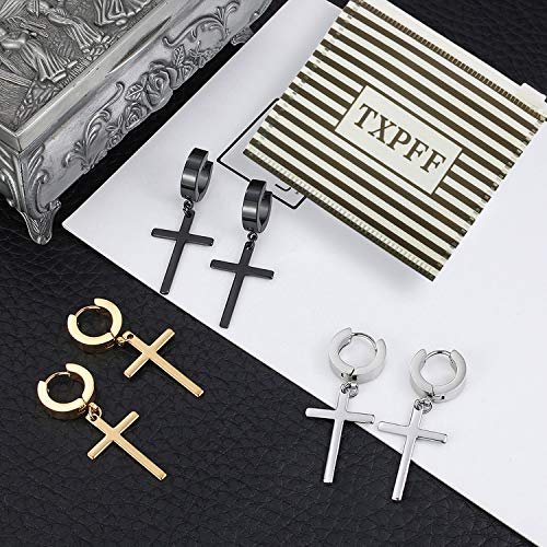 Men Women Stainless Steel Cross Earrings Set Dangle Hinged Earrings of Dangle Hinged Earrings Cross hoop Earrings - color: 3 Pairs Cross Earrings (Black+Silver+Gold) Large