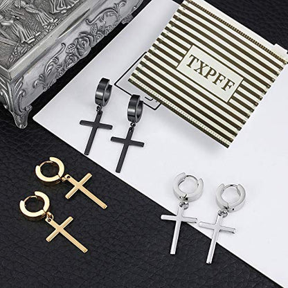 Men Women Stainless Steel Cross Earrings Set Dangle Hinged Earrings of Dangle Hinged Earrings Cross hoop Earrings - color: 3 Pairs Cross Earrings (Black+Silver+Gold) Large