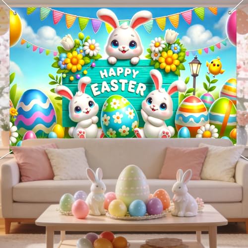 IVN Easter Bunny Banner 71x43 Inch Happy Cute Bunnies Colorful Eggs Flowers - color: Happy Easter Bunny Trio Sign