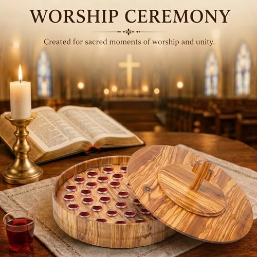 Zhehao 1 Set Wood Communion Tray Set for Church Holy Serving Tray with Lid Elegant 40 Cup Holders and 100 Disposable Communion Cups for Worship Service(Olive Wood Style) - style: Olive Wood Style