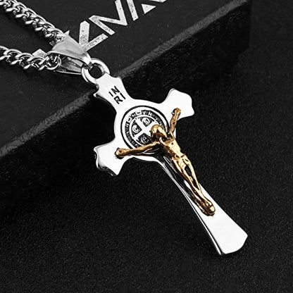 HZMAN Stainless Steel St. Benedict Crucifix Cross Necklace for Men - color: Standard Gold & Silver