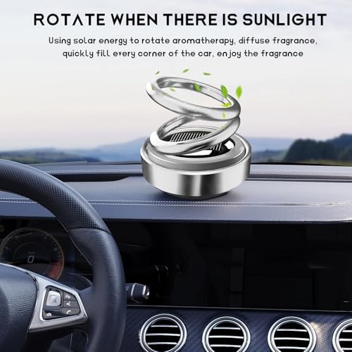 DXNQ Solar Rotating Car Air Freshener, Double Ring Solar Energy Car Dashboard Decoration Perfume Holder, Rotating Aromatherapy Diffuser Ornament for Car Home, Car Accessories (Silver)