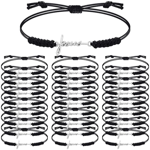 Tondiamo 24 Pcs Jesus Cross Bracelets Inspirational Birthday Jewelry Gifts Bulk Stainless Steel Hope Charm Adjustable Faith Bracelet Religious Gifts for Women Christian
