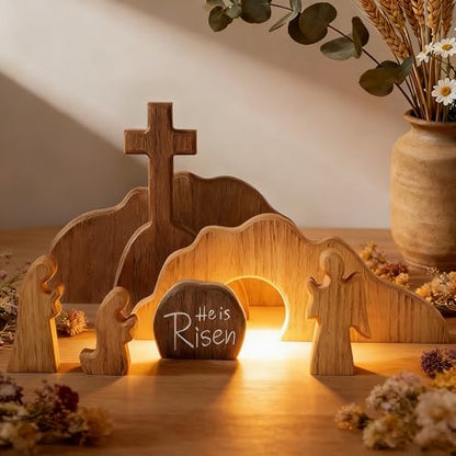 Easter Decorations, Wooden Empty Tomb Resurrection Decor, Cross Jesus Tomb Tray Set, Nativity Scene Decor, Religious Tabletop Easter Decor for Home and Office, Christian Gifts