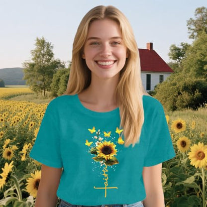 Womens Christian Shirts Faith Cross Sunflower Butterfly T-Shirt Bible Verse Religious Tee Tops - color: Cyan, size: Large