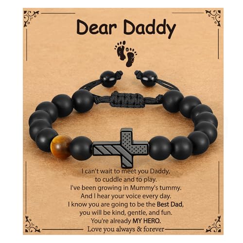 P. BLAKE Cross Bracelet for Boys Men, American Flag Cross Natural Beads Bracelet Christian Religious Birthday Jewelry Gifts for Teen Boys - style: Dad