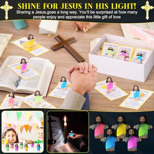 CroBlissful 30 Sets Mini Jesus Figurines Bulk Christian Glow in The Dark with Let Your Light Shine Cards for Christian Sunday School Religious Party Favor Halloween(Open Your Arms) - style: Open Your Arms