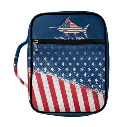Coldinair American Flag Shark Bible Cover with Handles - Zippered Bible Carrying Case for Women Girls - Cute Tote Bag Book Cover Accessories - Christian Church Bag Purse - color: American Flag Shark