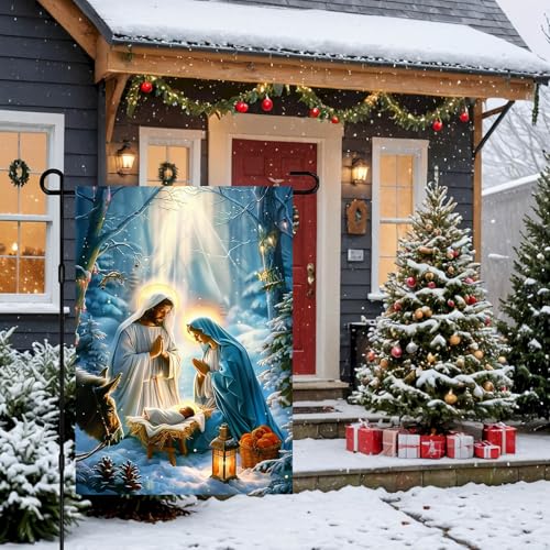 IVN Merry Christmas Nativity Scene Garden Flag 12x18 Inch Double Sided - color: Forest Nativity Scene
