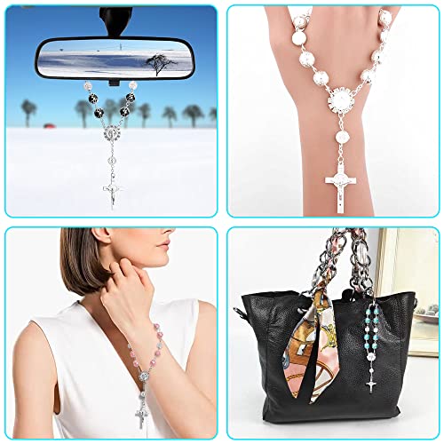 4 Pcs Rosary Beads Catholic, FineGood Cross Car Mirror Hanging Accessories Blessing Auto Rear View Mirror Pendant Car Decor Interior