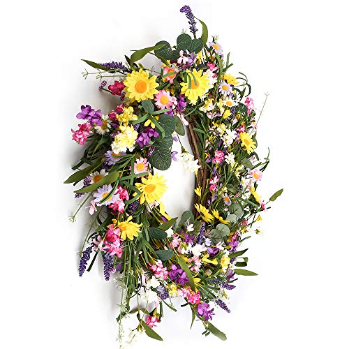 J'FLORU Spring Wreath 24 Inch Summer Wreaths for Front Door Artificial Flower Wreath with Daisy and Lavender for Indoor Outdoor and Easter Celebration
