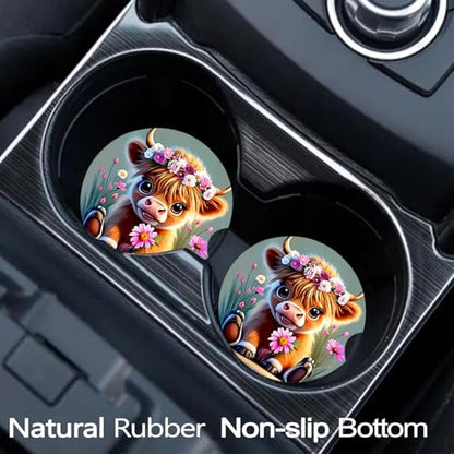 2 Pack Highland Cow Floral Car Cup Holder Coasters Universal Neoprene Mat - color: Cow Baby