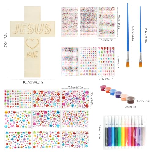 LECEHIVO 40 Pieces Wood Cross Crafts with Stickers Watercolor Pens Acrylic Paint and Paint Brushes DIY Wooden Cross for School Kids Christian Jesus Bible Sunday Vacation Crafts Supplies