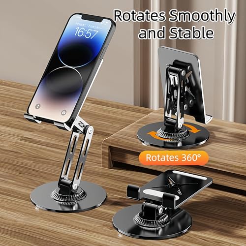 All-Metal Cell Phone Stand 360° Rotatable & Height Adjustable - 25KG Super Load-Bearing, Foldable Desk Stand for Phone, Compatible with iPhone 17/16/15/14 (Black) - color: A-Tri-Fold - Black