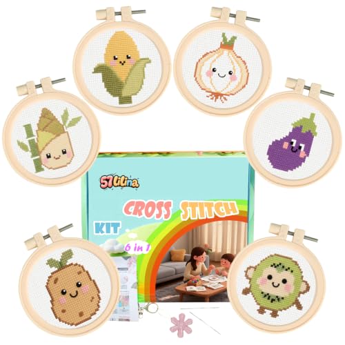 57lilina Easy Embroidery Kit for Kids Beginners, 6 Set Cute Stamped Pattern - color: Bamboo Shoots+Corn+Onions+Potatoes+Eggplants+Kiwifruit
