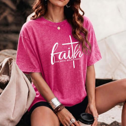 Christian Shirts for Women Faith Can Move Mountains Acid Wash Graphic Shirt Jesus Religious Bible Verse Tee Tops - color: Pink, size: Medium