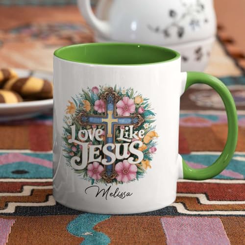 Love Like Jesus Ceramic Mug, Christian Cup With Customized Name, Inspirational Mug 11oz 15oz, Personalized Christian Faith Cup, Custom Mug Featuring Floral Cross Design, Gift For Christian - color: HOA-624-2167-LOVE LIKE JESUS MUG