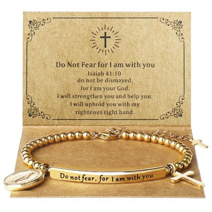 DS Women Christian Charm Bracelet,Cross Scripture Stainless Steel Jewelry - style: Do not fear for,I am with you-Gold