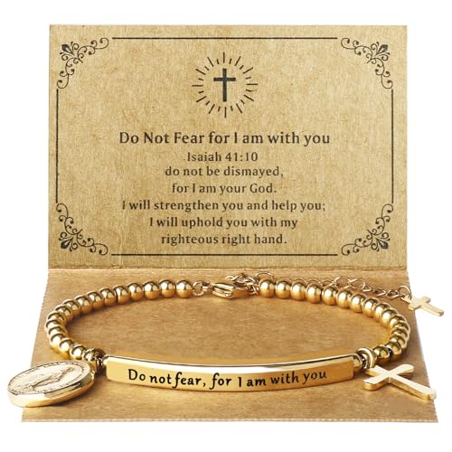 DS Women Christian Charm Bracelet,Cross Scripture Stainless Steel Jewelry - style: Do not fear for,I am with you-Gold