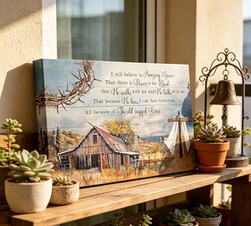 I Still Believe in Amazing Grace Canvas Wall Art, Christian Quote Painting Picture Wall Decor, Rustic Farmhouse Cross Poster Print Artwork for Living Room Bedroom Home Decoration 12x16in - color: Barn, size: 16"L x 12"W