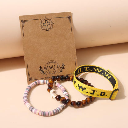 WWJD What Would Jesus Do Christian Stackable Bracelet Set for Women Men, Inspirational Faith Cross Beaded Elastic Wristbands, Religious Bible Verse Jewelry Gift for Church - color: Amber 3pcs