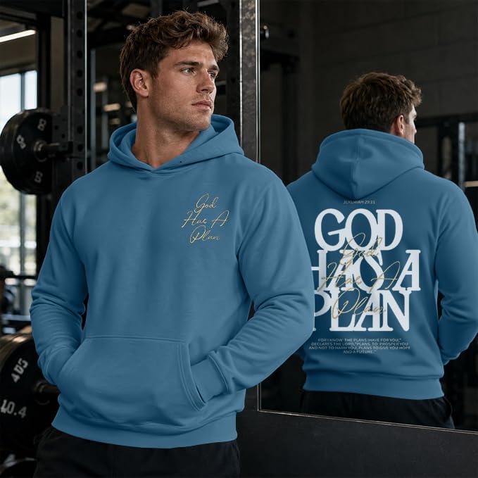 Christian Hoodies for Men God Has a Plan Graphic Tops - color: Blue, size: Small