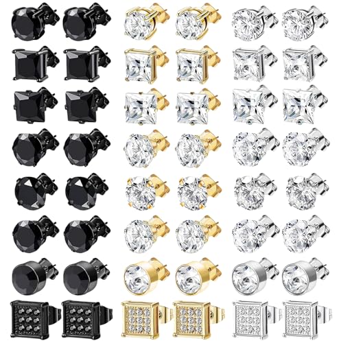 NEWITIN 24 Pairs Stainless Steel Earrings for Men Hypoallergenic Inlaid Cubic Zirconia Studs Hoop Earring Cross Dangle Earrings Unisex Punk Stud Earring for Women Men - color: Cubic Zirconia