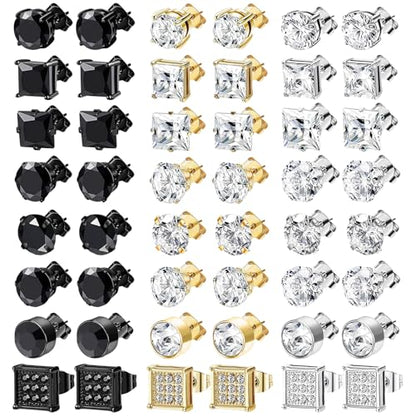 NEWITIN 24 Pairs Stainless Steel Earrings for Men Hypoallergenic Inlaid Cubic Zirconia Studs Hoop Earring Cross Dangle Earrings Unisex Punk Stud Earring for Women Men - color: Cubic Zirconia