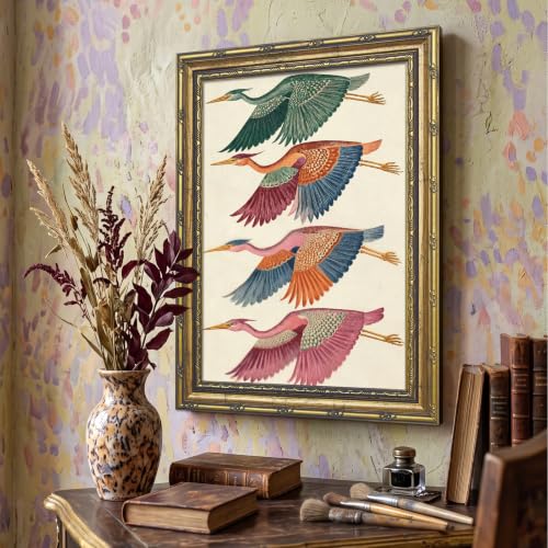 Colorful Birds in Flight Wall Art Vintage Flying Heron Pictures Wall Decor - color: Heron Crane, size: 12x16in
