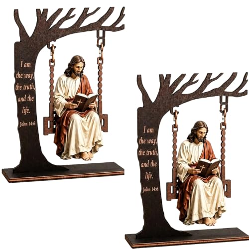 Christian Jesus Swing Ornament, John 14:6 Faith Table Decor, Christian Bible Verse Home Decoration, Christian Wood Gift for Positive Office Decor, Motivational Scripture Gift (2Pcs) - color: 2pcs