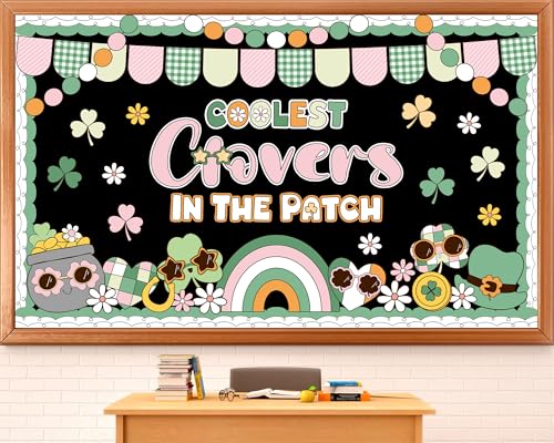 St. Patrick's Day Bulletin Board Decoration Boho Hippie Groovy Classroom Bulletin Board Set Lucky Shamrock Clover Rainbow Daisy Flower Paper Cutouts for Irish Holiday School Chalkboard Wall Door Decor - style: Shamrock