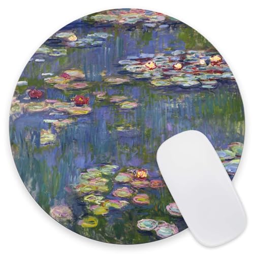 Mouse Pad, Cute Mousepad with Design, Round Water Lilies Claude Monet Mat, Small Non-Slip Rubber Gaming Pads, Office Home Personalized Pad 7.9×7.9×0.12 inches - color: Water Lilies Claude Monet