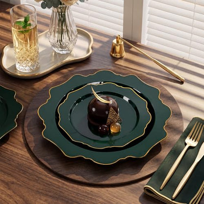 WDF 175Pcs Green Plastic Plates - Green Plates Disposable with Gold Rim - Christmas Plastic Plate - Fancy Disposable Dinnerware Sets 25 Guests Ideal for Party/Wedding/Birthday - color: Green and Gold, size: 175 pieces