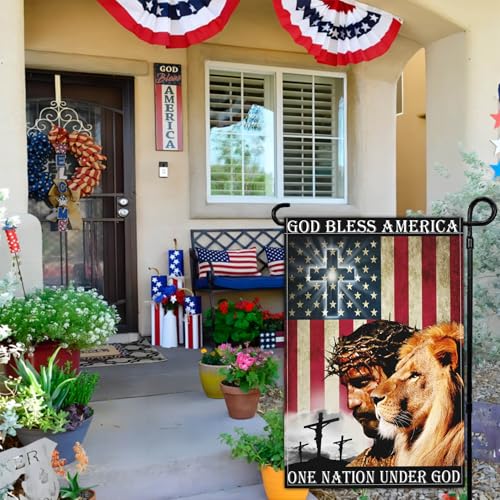 One Nation Under God Patriotic God Bless America Christian American Jesus Garden Flags - 12x18 Double Sided for 4th of July, Memorial Day, Easter Outdoor House Decoration