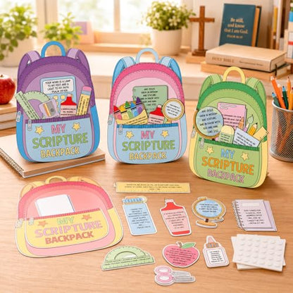 12 Sets Back to School Religious Craft Kits DIY Spiritual Backpack Bible Craft Make Your Own Backpack Cutouts with Pockets for First Day Sunday School Christian VBS Church Home Crafts Activity Supply