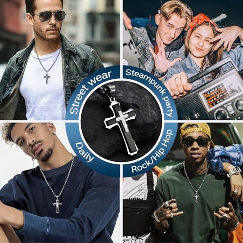 FLHEART Byzantine Cross Necklace for Men, Black Silver Stainless Steel Cross Chain Pendant Necklace Masculine Chunky Sturdy Mens Christian Jewelry Gift 22/24 Inch - color: Black-Cubic Zircon, size: 22In
