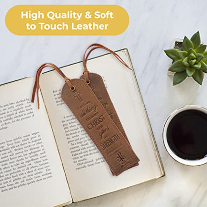Leather Bible Bookmarks - 2 Leather Christian Bookmarks with Inspirational Bible Verse | Philippians 4: 13 I Can Do All Things Through Christ | Religious Book Marker Gifts for Men, Women and Readers - style: Philippians 4:13